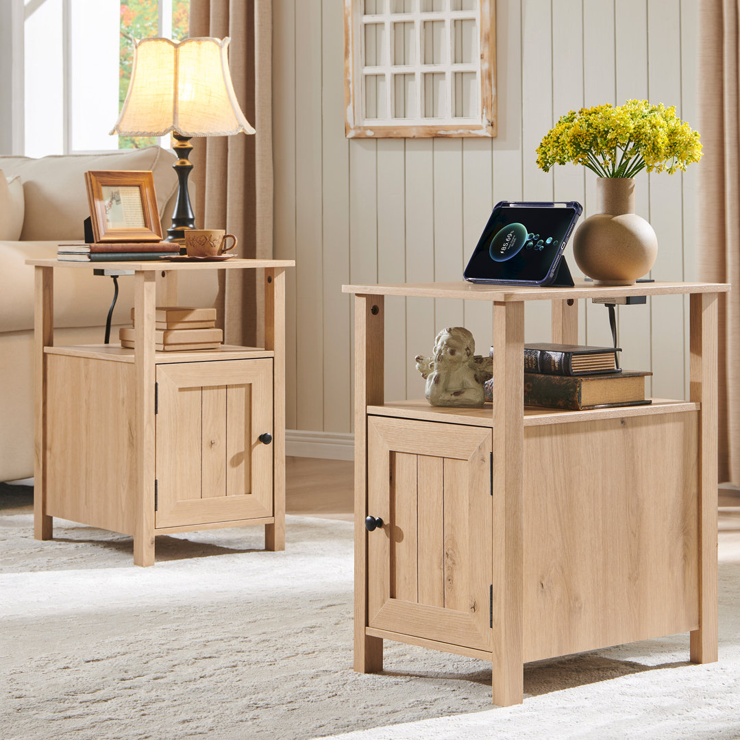 Willkie Farmhouse Nightstand Set , End Table with Charging Station, w/Barn Door & Open Shelves